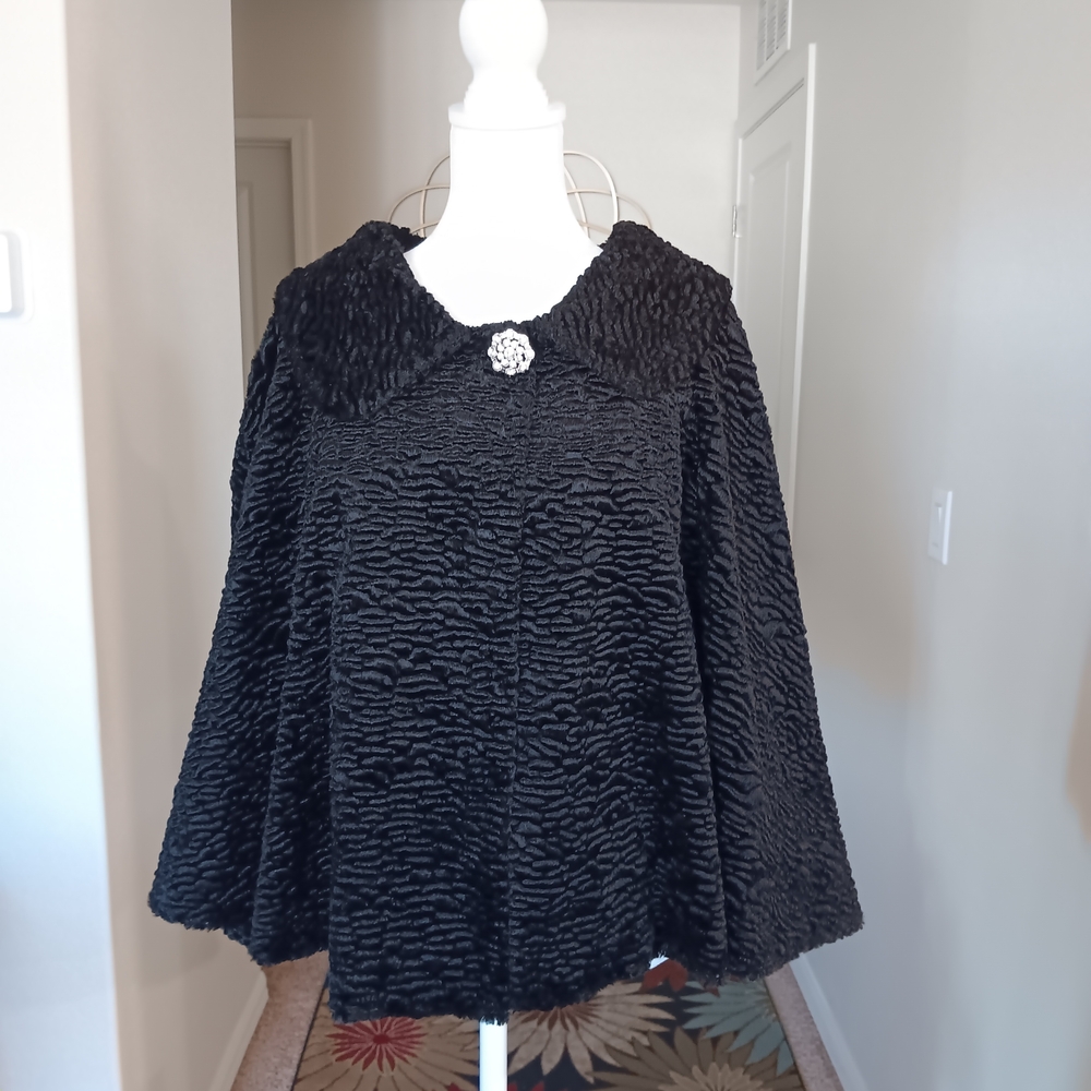 Black Faux Fur Cape with Silver Brooch